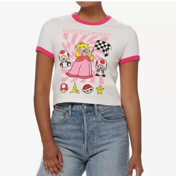 Nintendo Mario Kart Large Princess Peach Ringer Tee White and Pink Cropped - Picture 1 of 4
